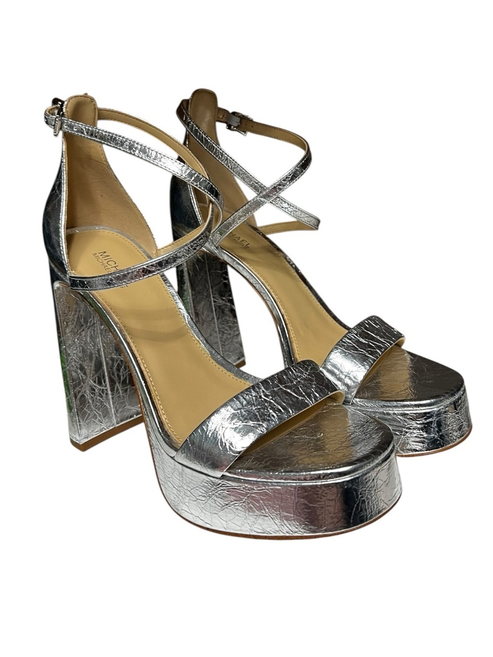 🌻Michael Kors Cami Metallic Crackled Leather Platform Sandals Open Toe Heels 8